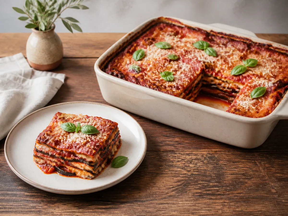 Baked Italian eggplant parmigiana with bronzed cheese, tomato sauce, and basil