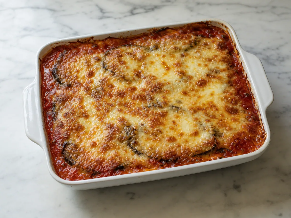 Parmigiana de berenjena horneada, burbujeante en los bordes y con la parte superior dorada