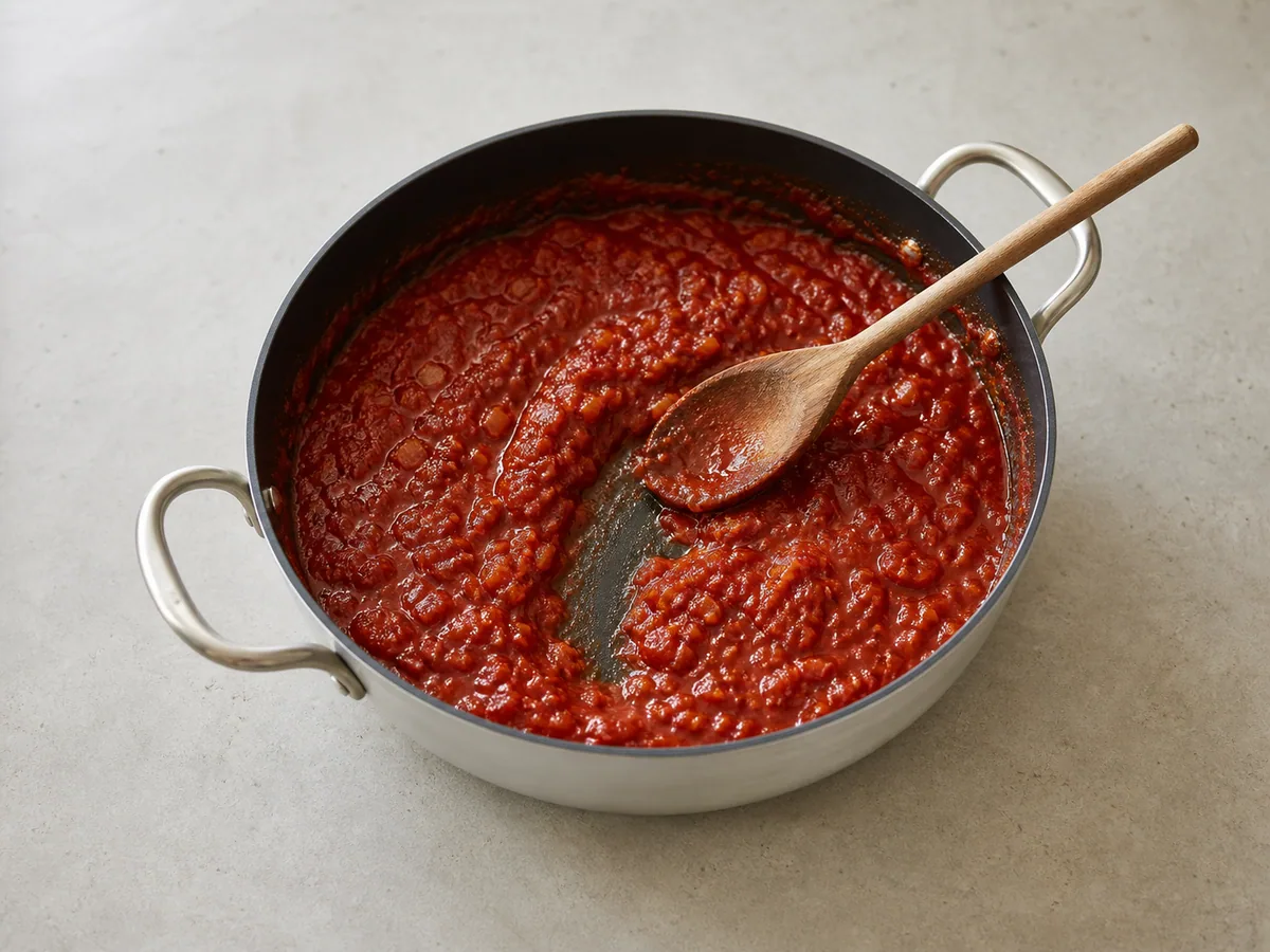 Salsa de tomate concentrada con un rastro claro de cuchara