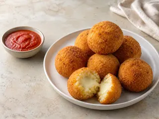 Golden mozzarella arancini with one split open to show the melted cheese center