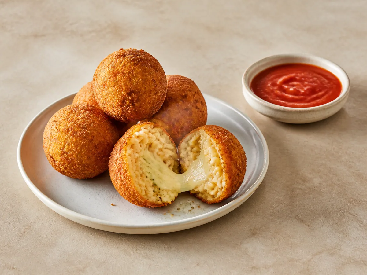 Arancini dorados de mozzarella, con uno abierto que muestra el centro de queso derretido