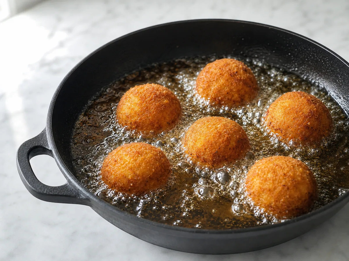 Arancini bien dorados escurriendo en una rejilla limpia después de freír