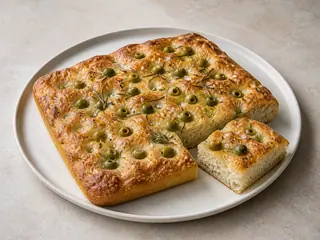 Golden Italian olive focaccia with rosemary and deep crisp-edged dimples