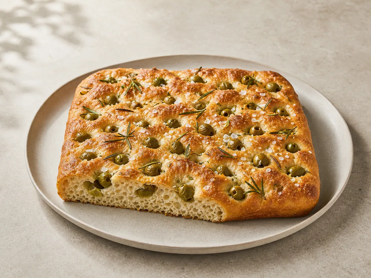 Focaccia italiana dourada com azeitonas, alecrim e covinhas profundas de bordas crocantes