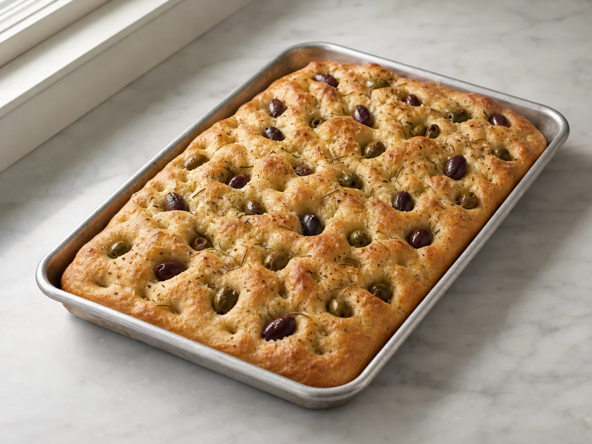 Focaccia italiana de aceitunas bien dorada enfriándose sobre una rejilla después de hornearse