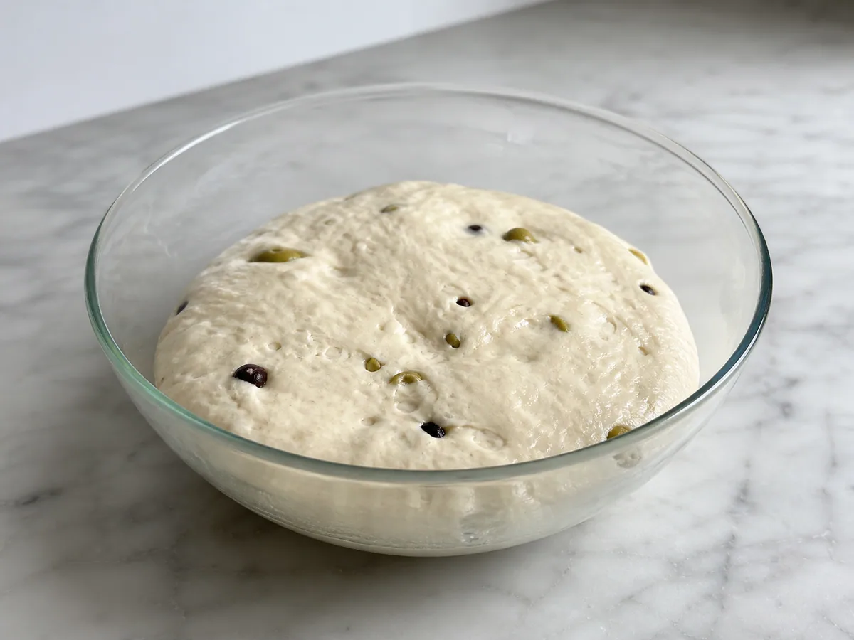 Masa de focaccia italiana de aceitunas casi duplicada, con burbujas alrededor del tazón