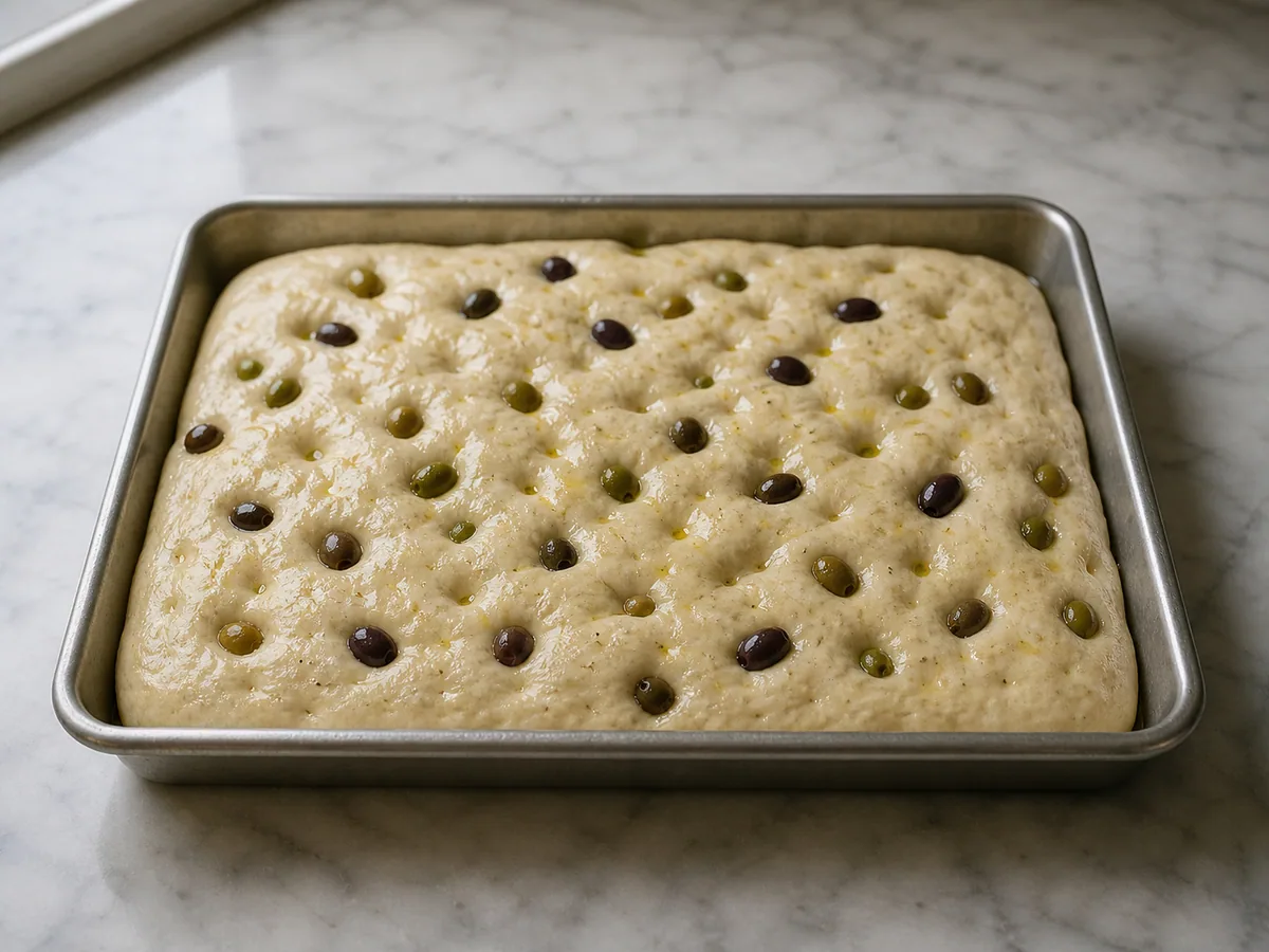 Masa de focaccia italiana de aceitunas esponjosa y aireada en una beeja metálica aceitada