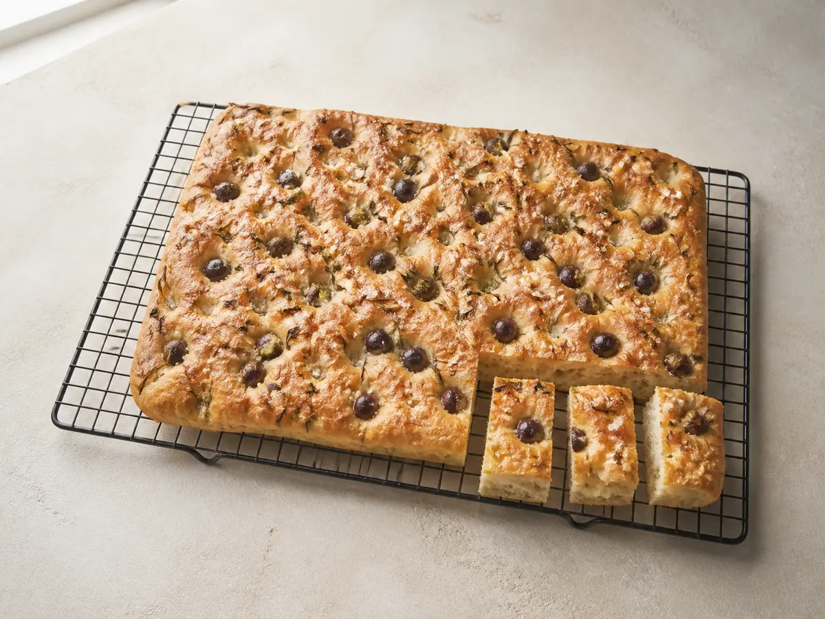 Sliced Italian olive focaccia resting on a cooling rack