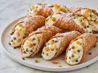 Orange ricotta cannoli with pistachios, chocolate chips, and candied orange peel