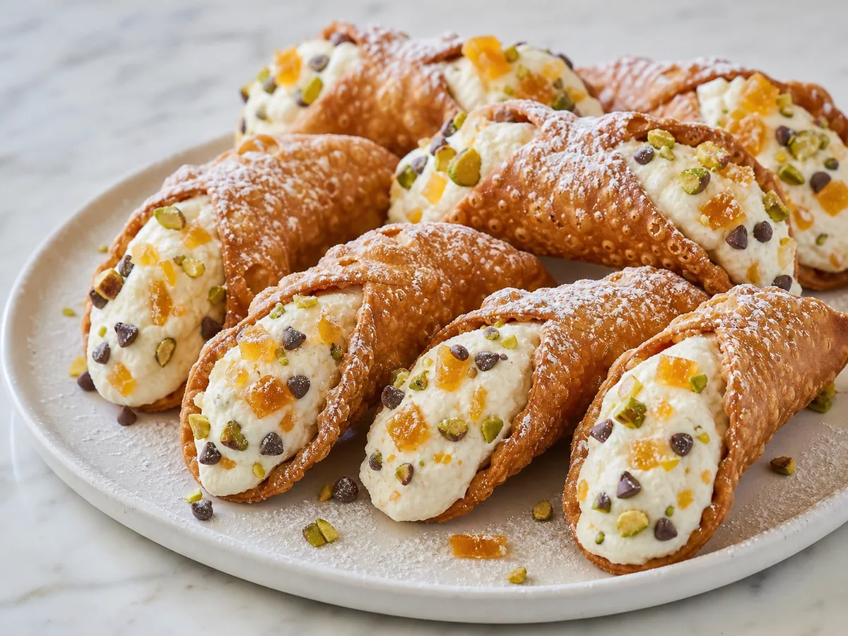 Orange ricotta cannoli with pistachios, chocolate chips, and candied orange peel