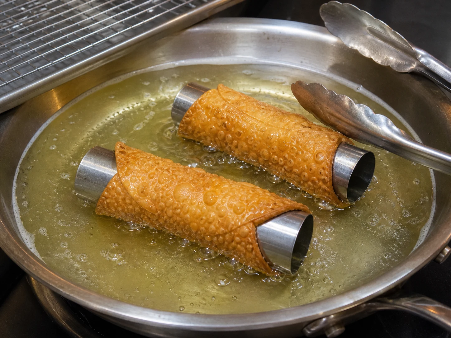 Conchas doradas y burbujeadas de cannoli friéndose sobre tubos metálicos en aceite caliente