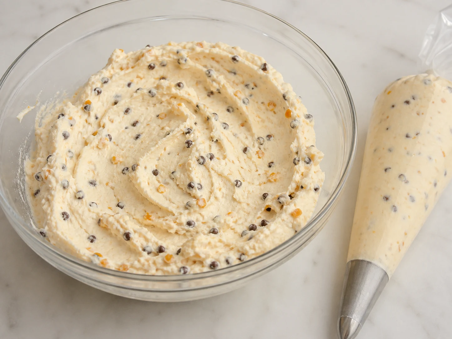 Relleno espeso de ricota y naranja para cannoli que conserva suaves marcas antes de usar la manga