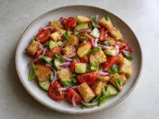 Italian panzanella with tomatoes, rustic bread, cucumber, red onion, and basil