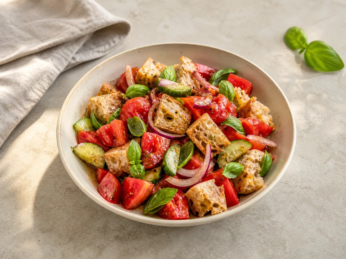 Panzanella italiana con tomates, pan rústico, pepino, cebolla morada y albahaca