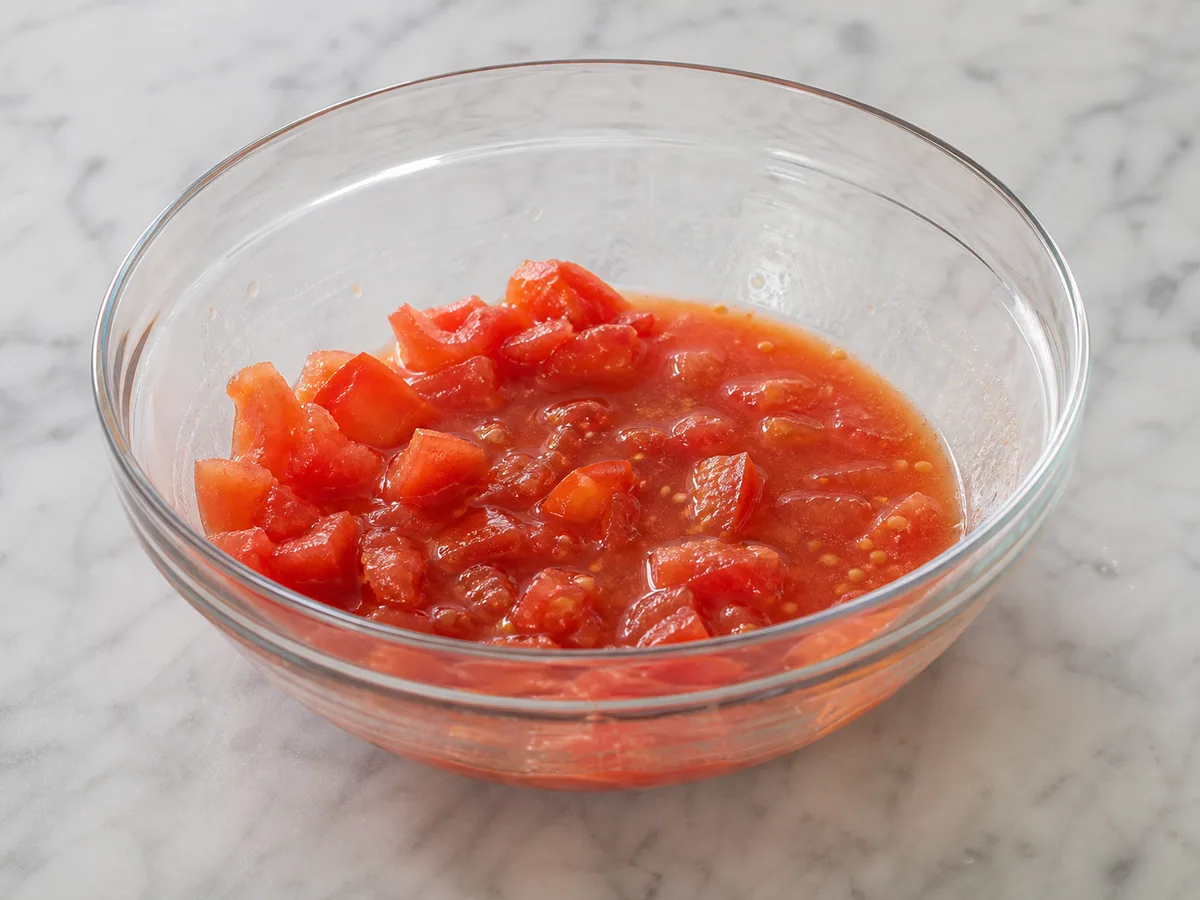 Trozos de tomate salados escurriendo en un colador sobre un tazón con el jugo liberado