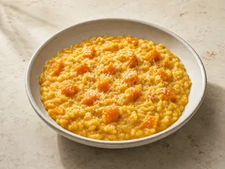 Shallow bowl of glossy golden Italian pumpkin risotto with cooked sage flecks