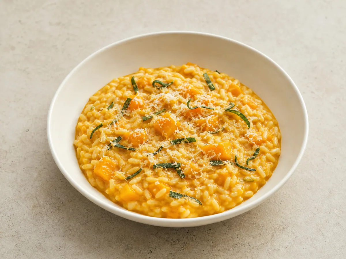Plato amplio y poco profundo de risotto italiano dorado de calabaza con salvia y Parmigiano Reggiano