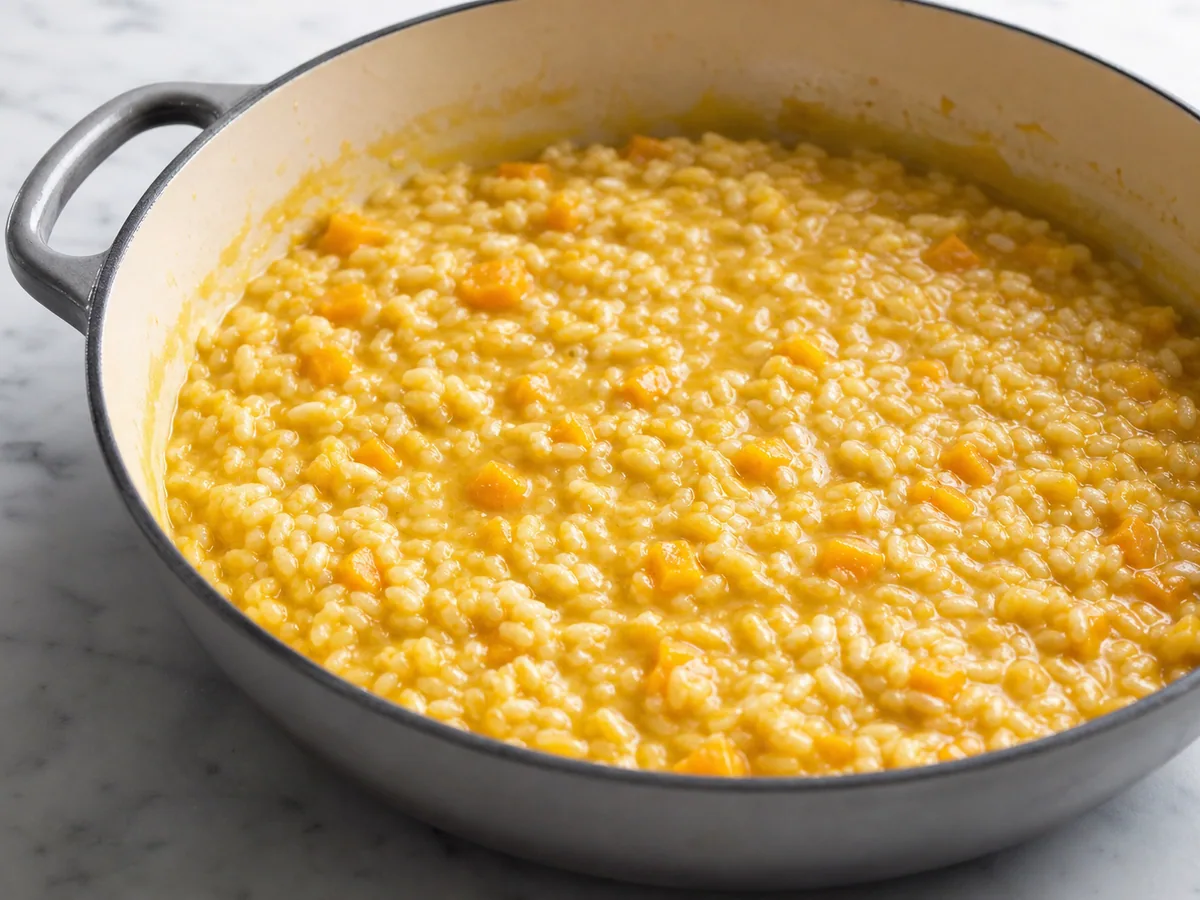 Risoto de abóbora em fervura constante, com grãos distintos e superfície solta e brilhante
