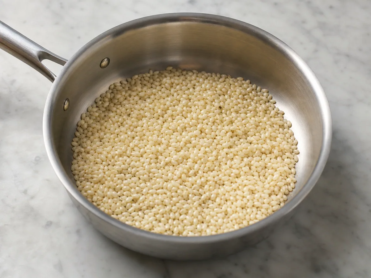 Arroz Arborio tostado a seco, envolvido por igual na base de abóbora em uma panela larga
