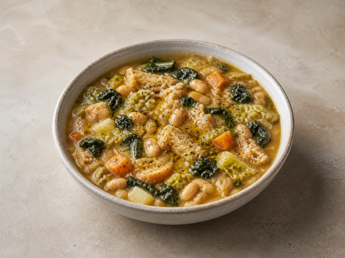 Tazón rústico de ribollita italiana con frijoles cannellini, cavolo nero, col y pan