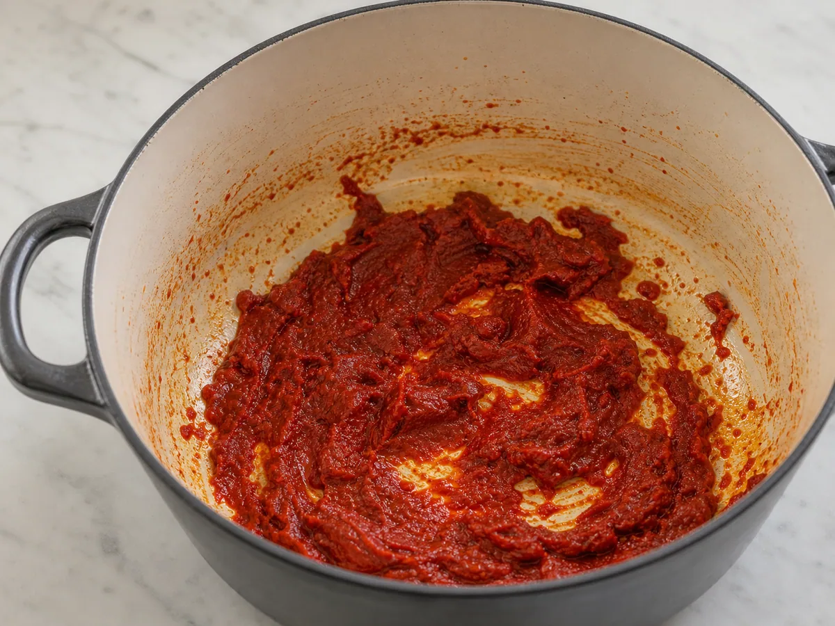 Pasta de tomate rojo ladrillo cubriendo verduras suaves en una olla pesada para la ribollita italiana