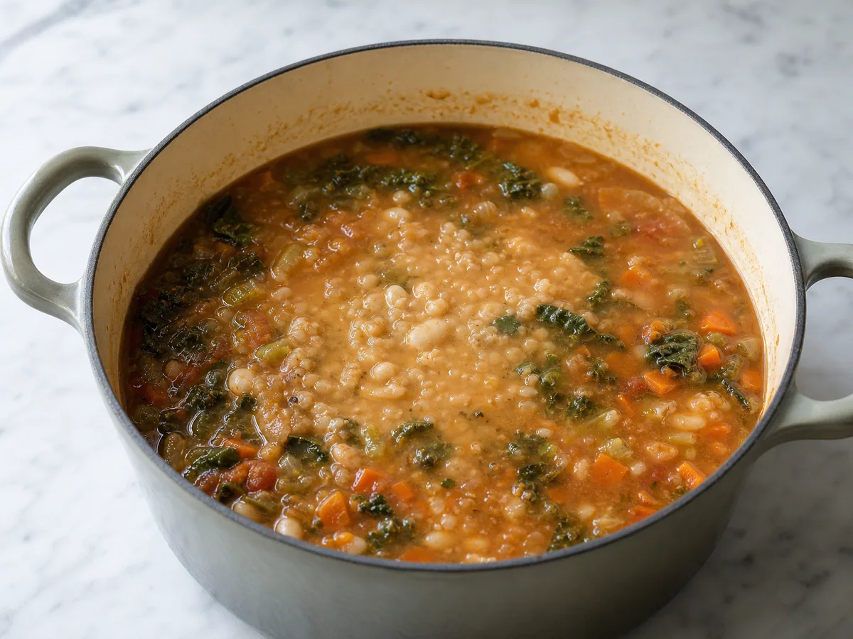 Puré cremoso de frijoles cannellini incorporado a la sopa de hojas y verduras de la ribollita italiana