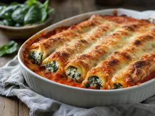 Baked ricotta and spinach cannelloni with tomato sauce, bechamel, and golden parmesan