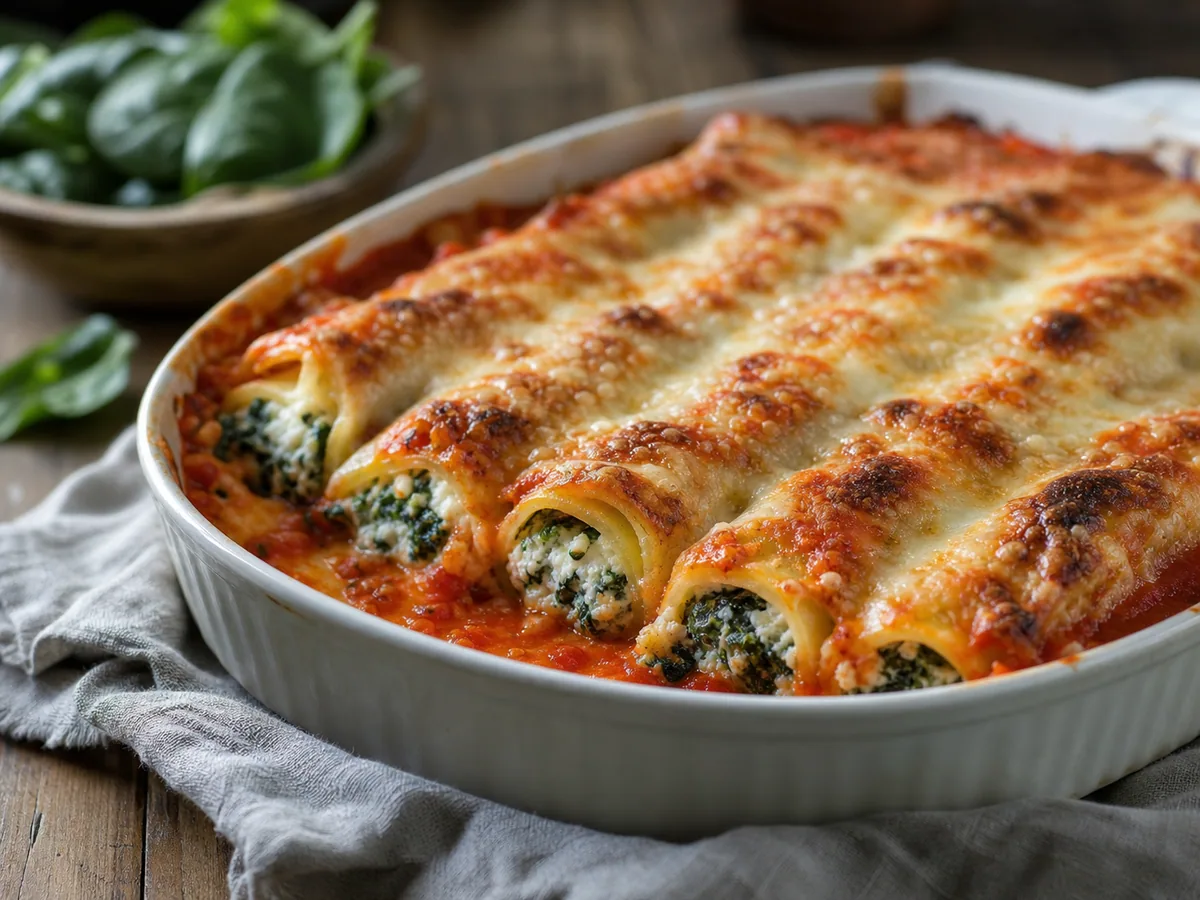 Canelones assados de ricota e espinafre com molho de tomate, bechamel e parmesão dourado