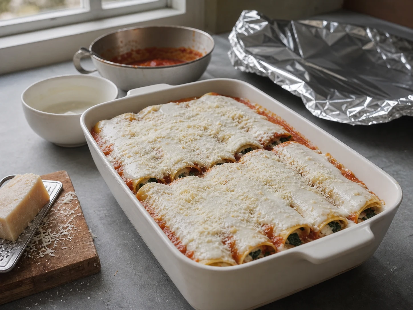 Filled cannelloni tubes arranged snugly over tomato sauce before topping and baking