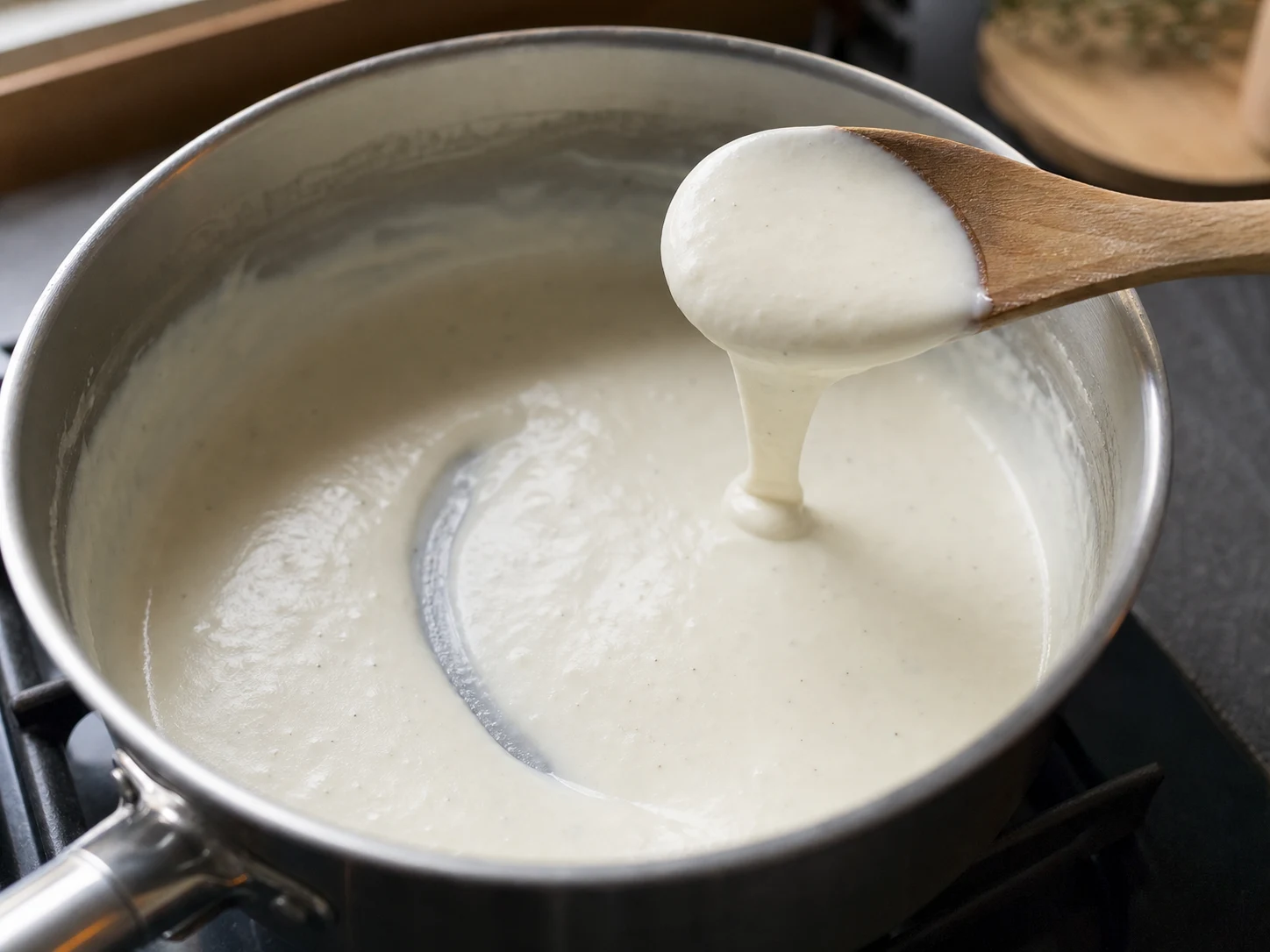 Fluid bechamel lightly coating a spoon with a clean line through the sauce