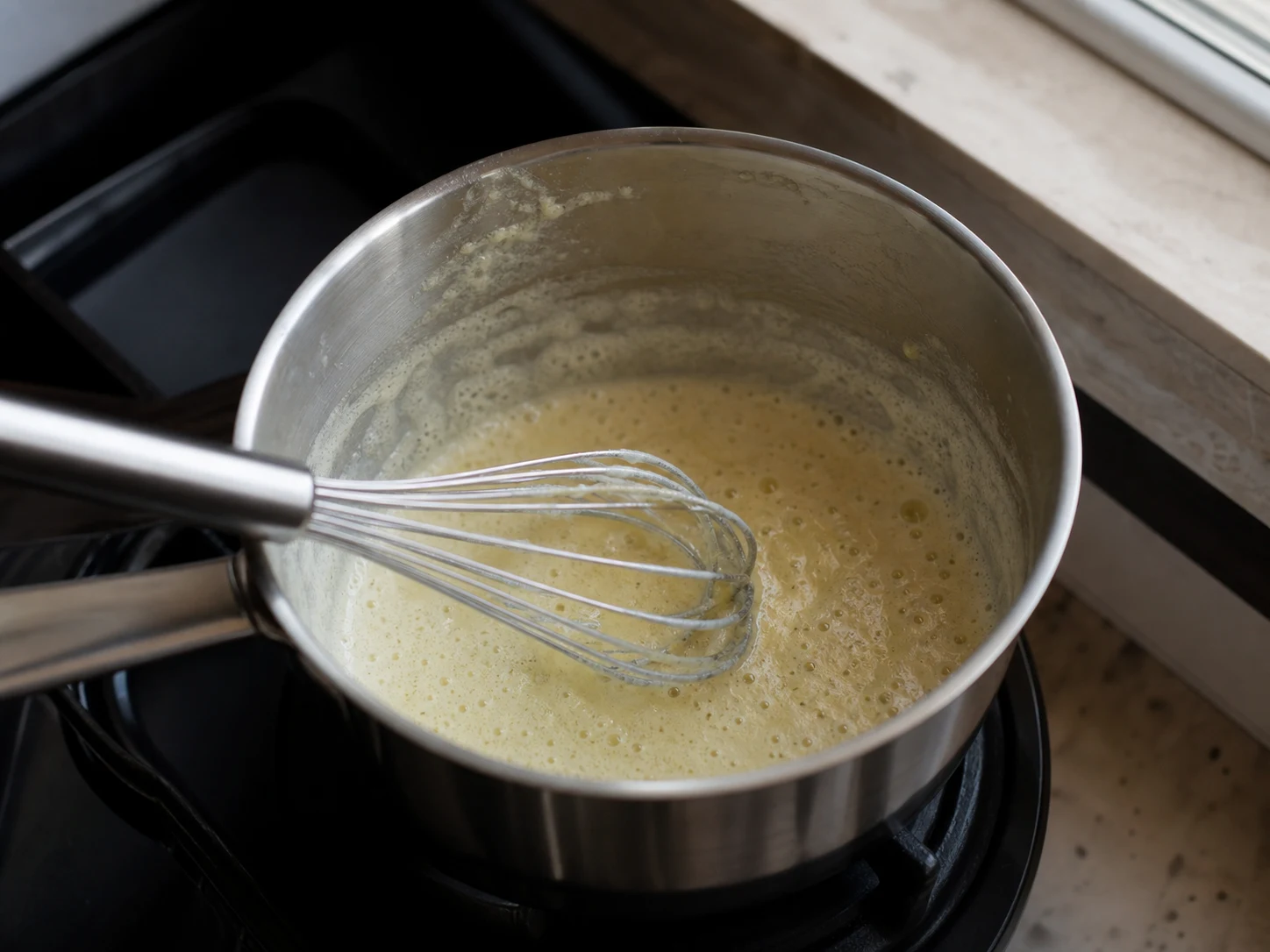 Pale lightly foaming butter and flour roux after one minute of cooking
