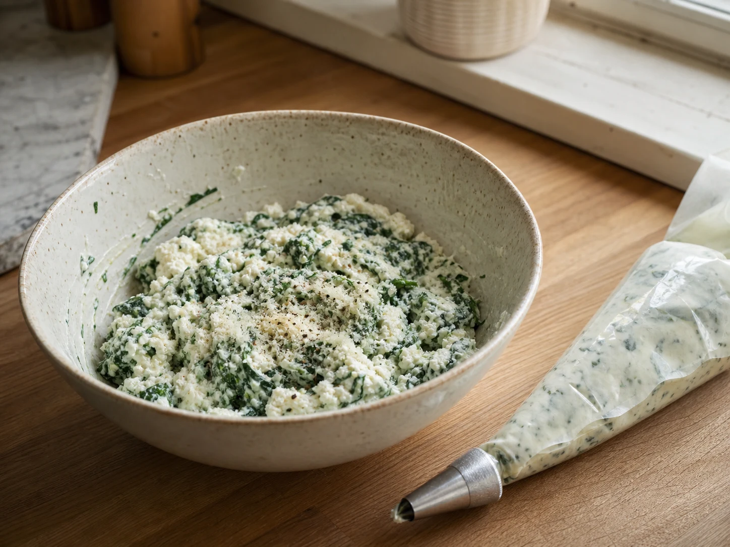 Ricotta and spinach filling mixed to a thick, evenly speckled consistency