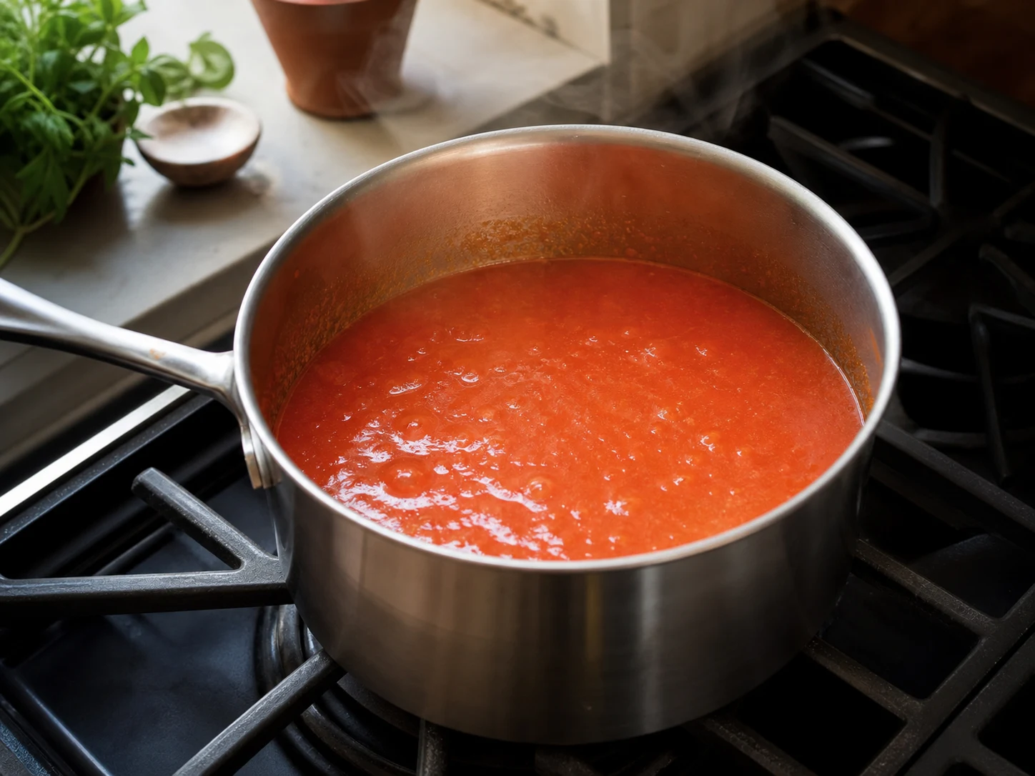 Loose basil-scented tomato sauce simmered until mellow and still pourable