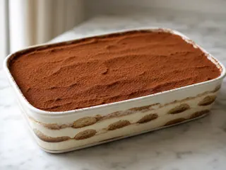 Glass of Italian tiramisu layered with espresso-soaked savoiardi, mascarpone cream, and cocoa