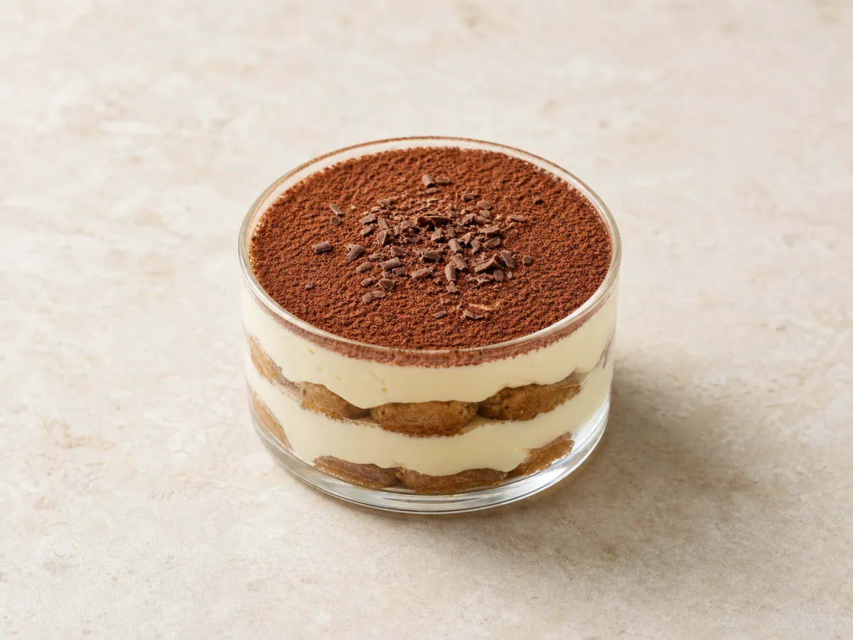 Glass of Italian tiramisu layered with espresso-soaked savoiardi, mascarpone cream, and cocoa