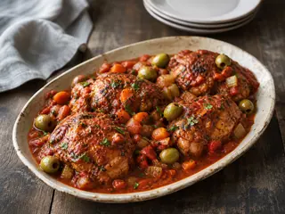 Italian tomato olive braised chicken in a shallow serving bowl