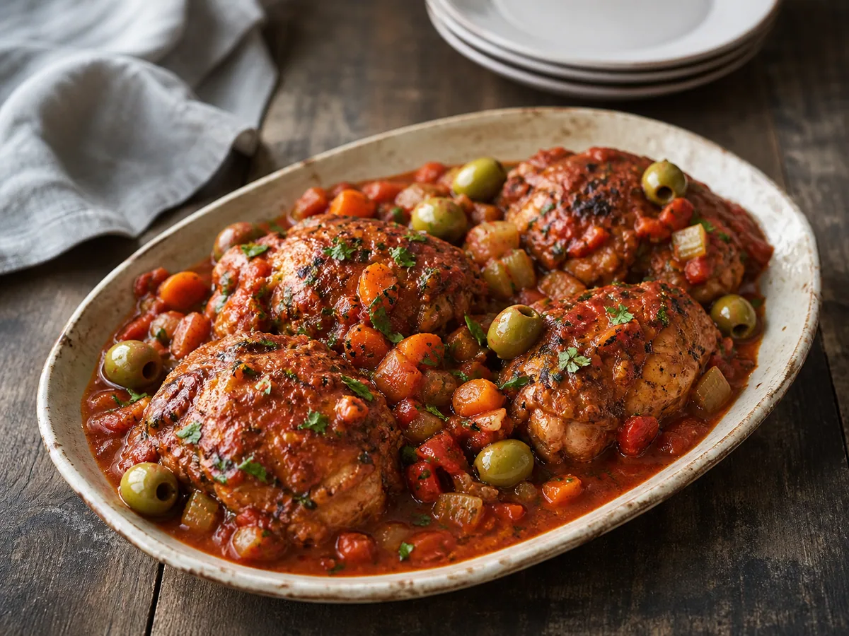 Frango italiano braseado com tomate e azeitonas em uma tigela rasa