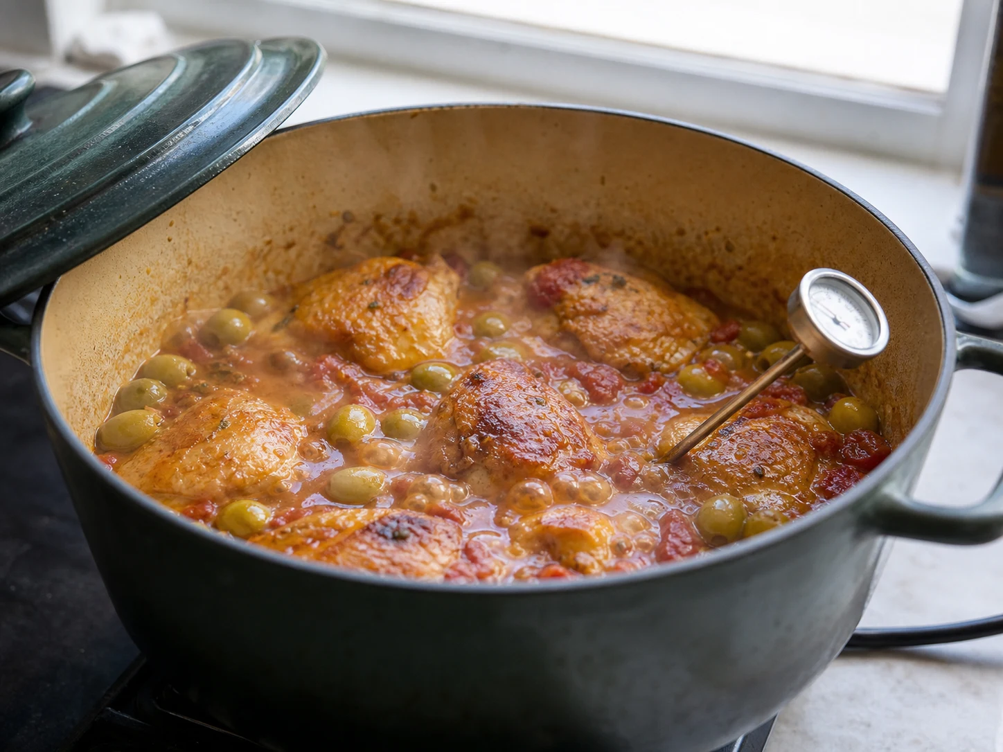 Sobrecoxas de frango totalmente cozidas braseando em molho de tomate com azeitonas verdes