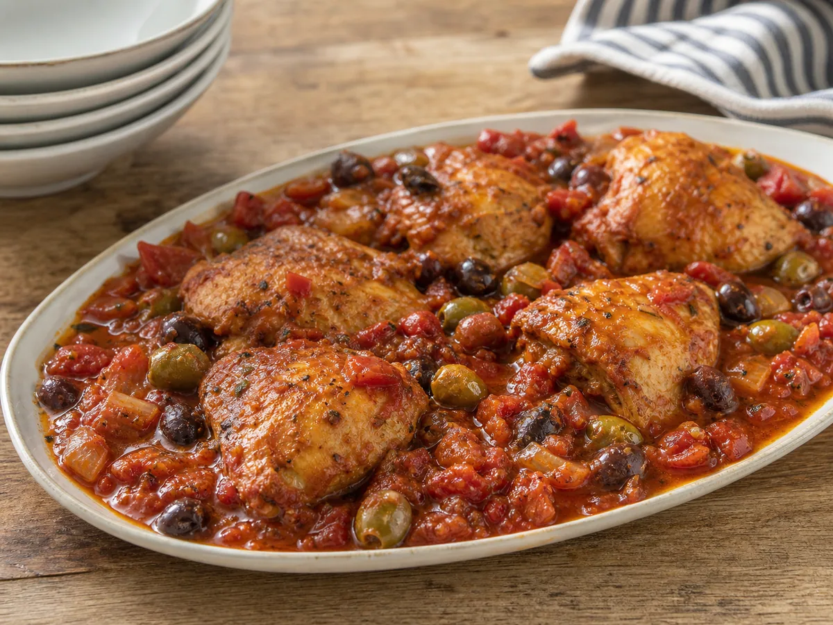 Molho brilhante de tomate e azeitonas reduzido na frigideira até cobrir uma colher