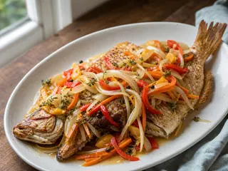 Jamaican escovitch snapper topped with colorful pickled vegetables