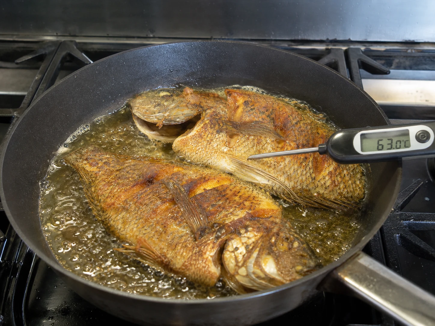 Fully cooked golden red snapper fillets in a skillet before the escovitch vegetables are added