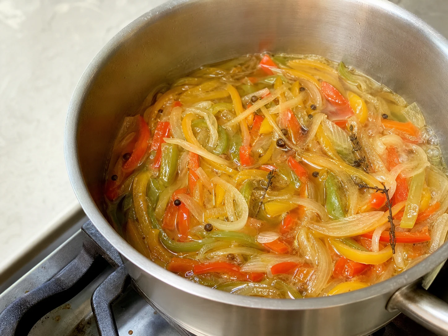 Bright escovitch vegetables simmering briefly in spiced vinegar