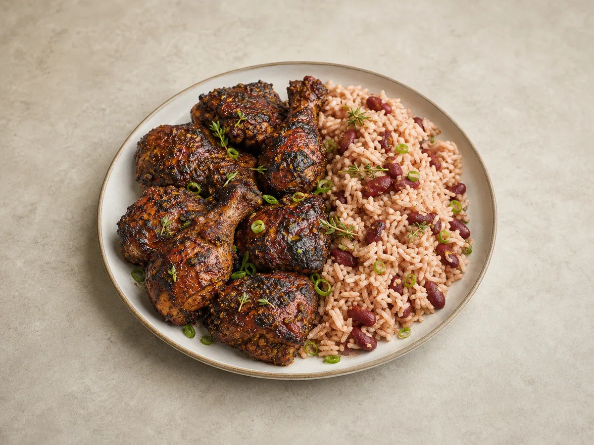 Pollo jerk jamaicano servido con arroz de coco y frijoles rojos