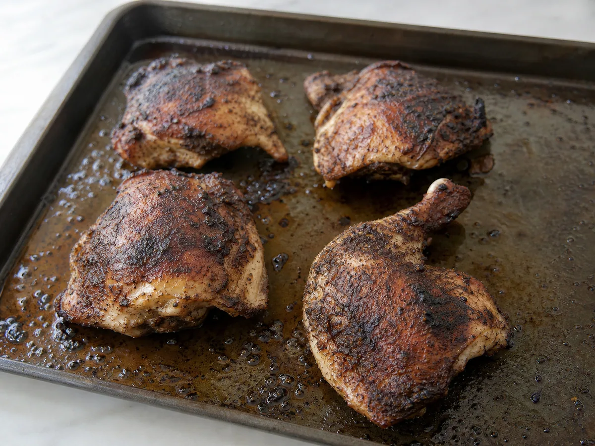 Frango jerk totalmente cozido com bordas douradas sendo verificado com um termômetro culinário