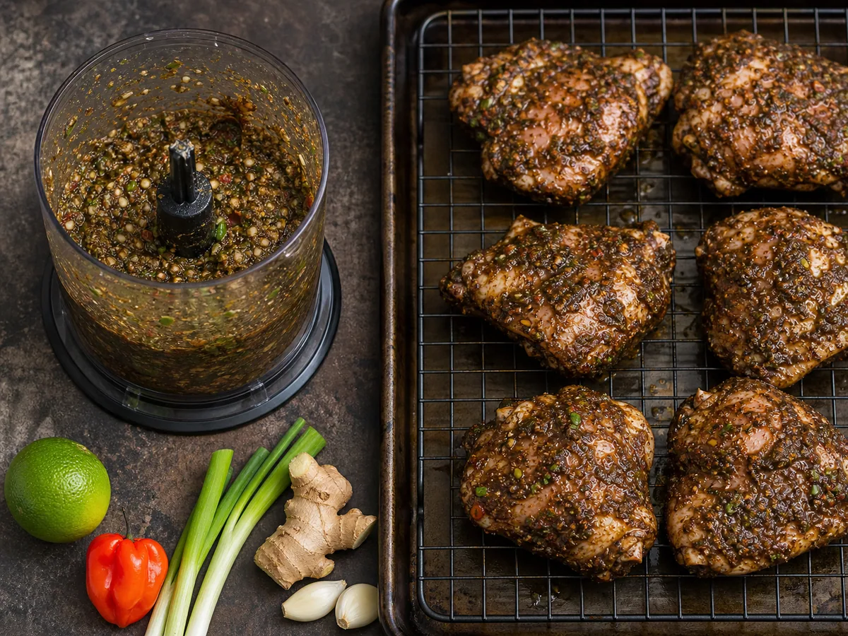 Make the jerk paste and prepare the chicken during preparation