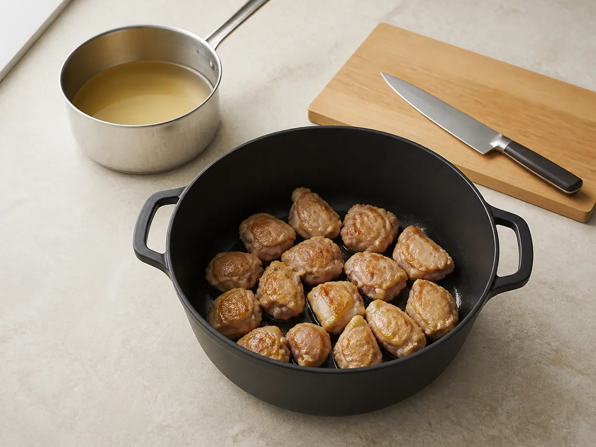 Show bite-size chicken thigh pieces lightly browned on several sides in the same wide matte-black heavy pot with two short side handles, still not fully cooked