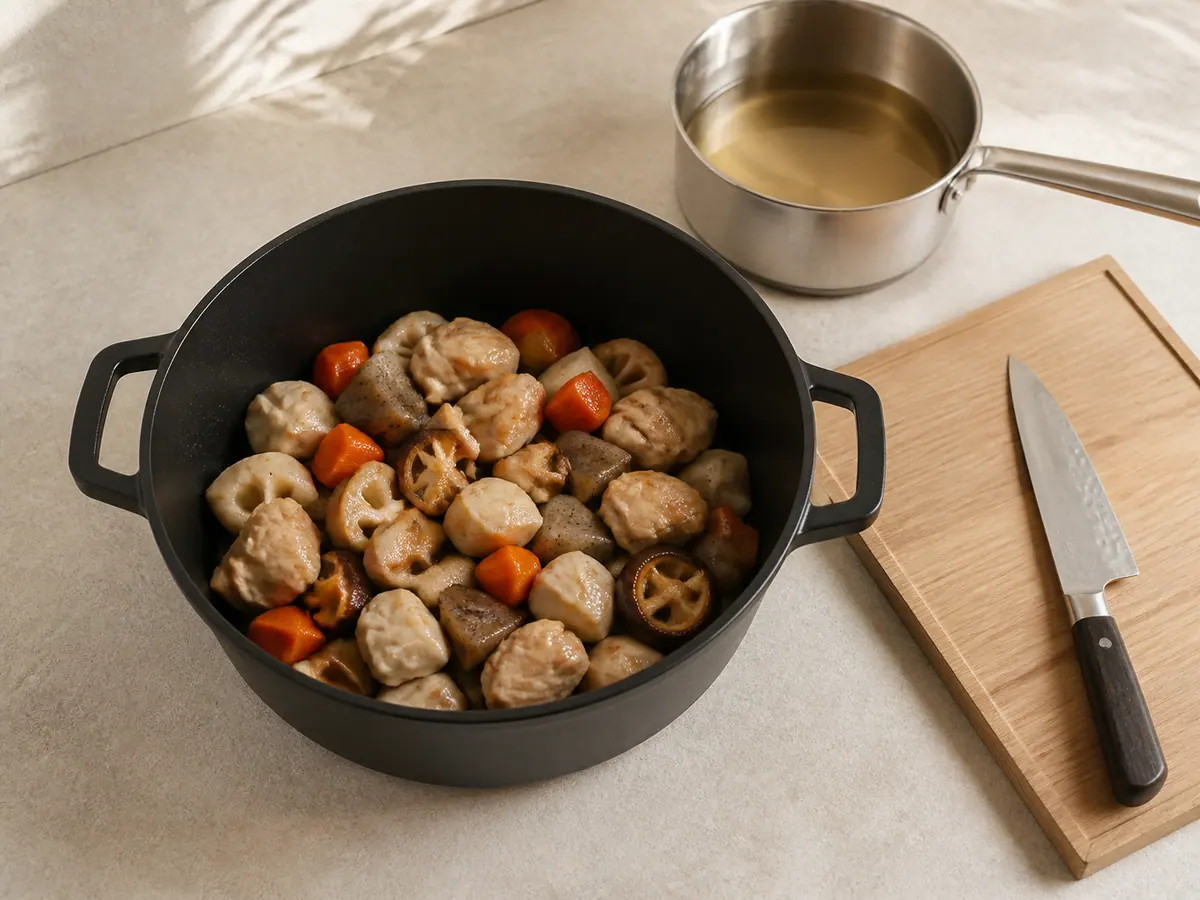 Show the same wide matte-black heavy pot containing lightly browned chicken, root vegetables, shiitake, and konnyaku being coated in oil, with no broth yet