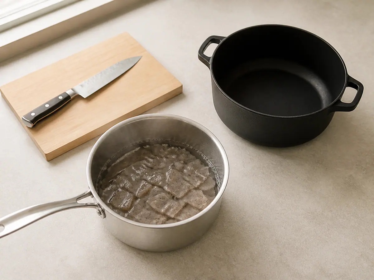 Show torn bite-size konnyaku pieces simmering in the same medium stainless saucepan of water, just after the 2-minute parboil