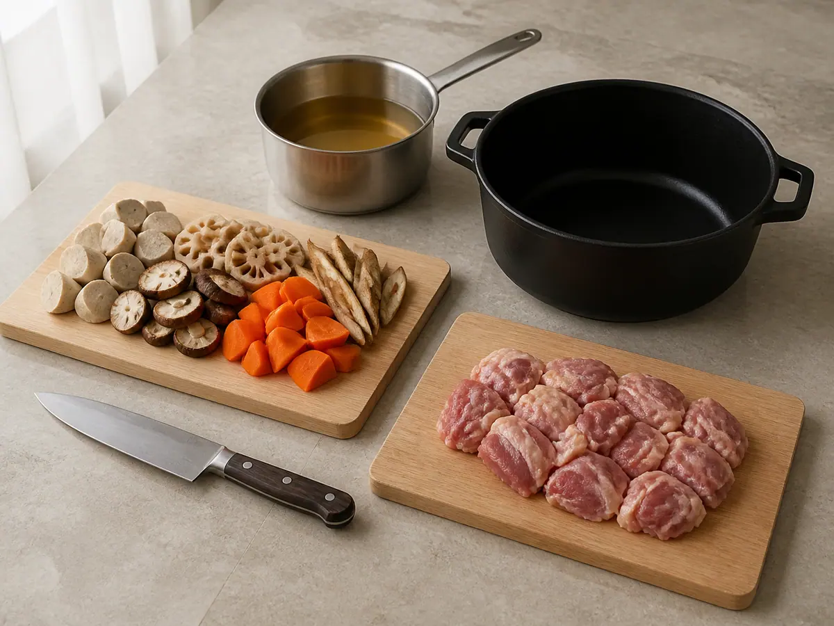 Show raw chicken thigh pieces cut into 3 cm pieces on a separate clean board with the same dark-handled chef knife, clearly separated from the vegetable board