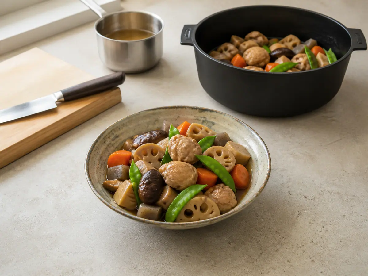 Show finished chikuzenni spooned into one shallow Japanese ceramic bowl, with chicken, roots, shiitake, konnyaku, and snow peas distributed clearly